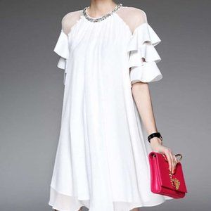 White Chiffon Cocktail Dress w/Rhinestones